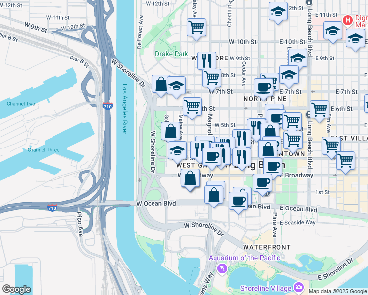 map of restaurants, bars, coffee shops, grocery stores, and more near 316 North Nylic Court in Long Beach