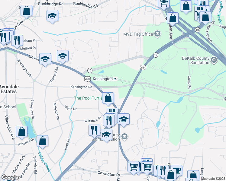 map of restaurants, bars, coffee shops, grocery stores, and more near 3375 Kensington Road in Decatur