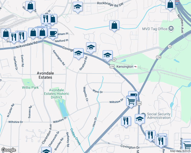 map of restaurants, bars, coffee shops, grocery stores, and more near 3207 Kensington Road in Avondale Estates