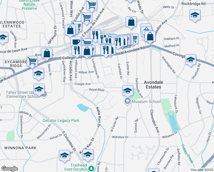 map of restaurants, bars, coffee shops, grocery stores, and more near 2816 Royal Bluff in Decatur