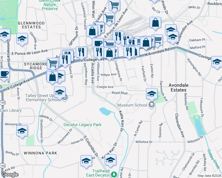 map of restaurants, bars, coffee shops, grocery stores, and more near 2746 Royal Bluff in Decatur