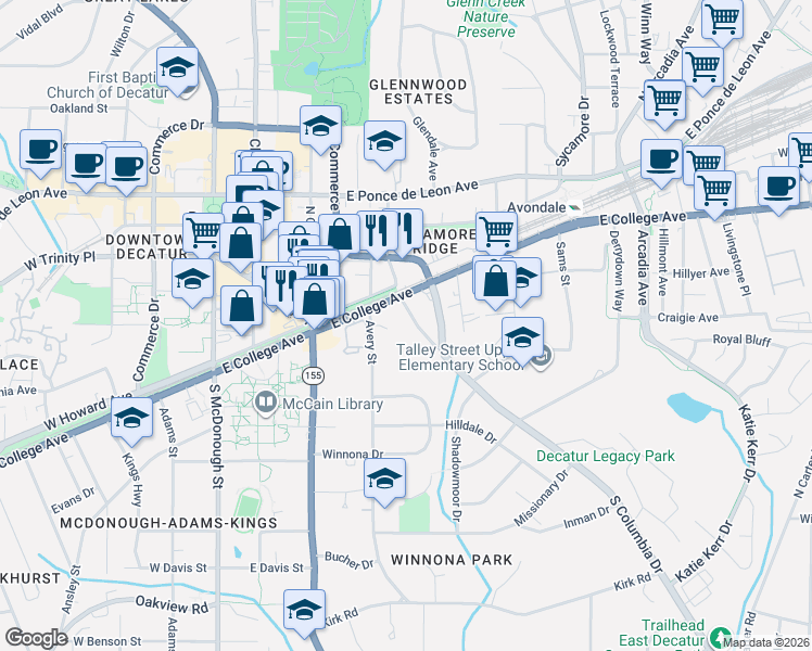 map of restaurants, bars, coffee shops, grocery stores, and more near 124 Avery Street in Decatur