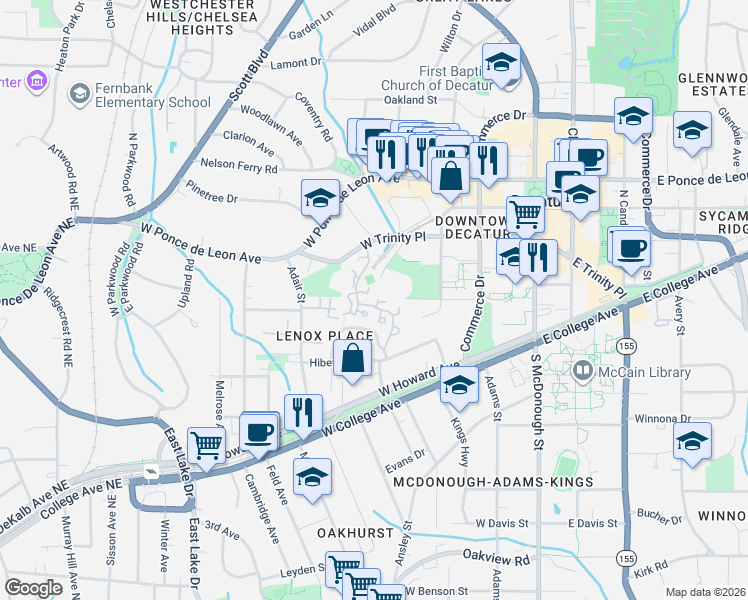 map of restaurants, bars, coffee shops, grocery stores, and more near 105 Mary Gay Court in Decatur