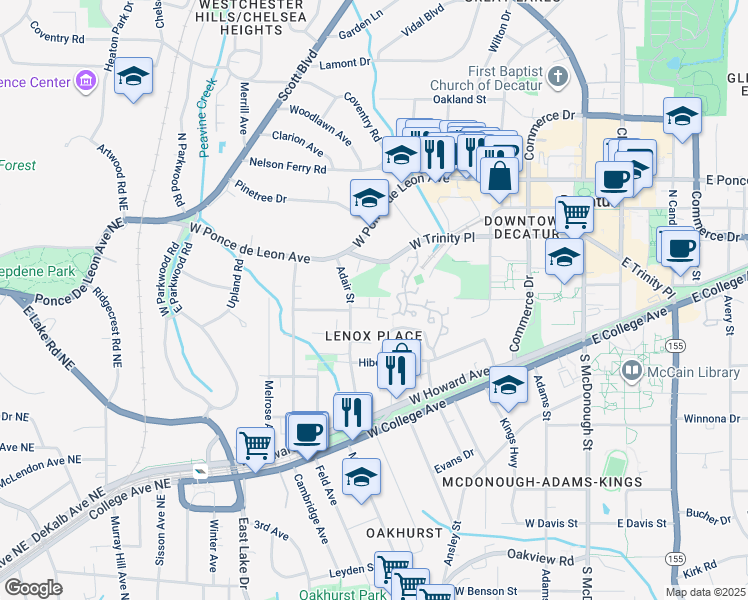 map of restaurants, bars, coffee shops, grocery stores, and more near 307 Adair Street in Decatur