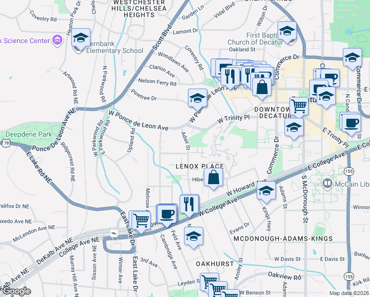 map of restaurants, bars, coffee shops, grocery stores, and more near 121 Emerson Avenue in Decatur