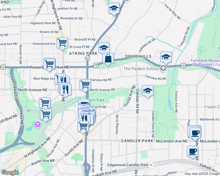 map of restaurants, bars, coffee shops, grocery stores, and more near 1296 North Avenue Northeast in Atlanta