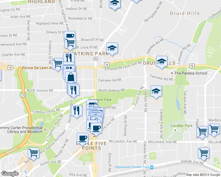 map of restaurants, bars, coffee shops, grocery stores, and more near 1238 North Avenue Northeast in Atlanta