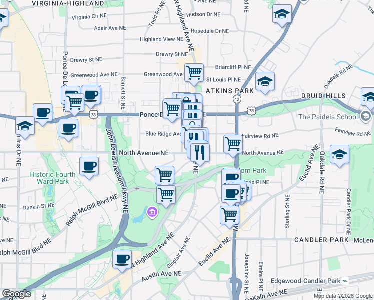 map of restaurants, bars, coffee shops, grocery stores, and more near 1042 North Avenue Northeast in Atlanta