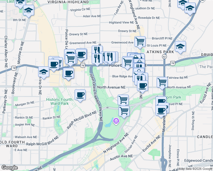 map of restaurants, bars, coffee shops, grocery stores, and more near in Atlanta