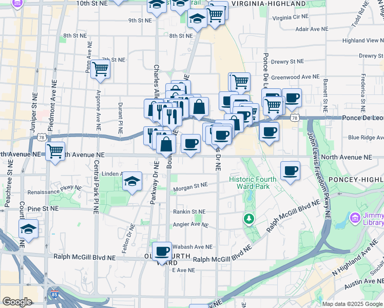 map of restaurants, bars, coffee shops, grocery stores, and more near 511 North Avenue Northeast in Atlanta
