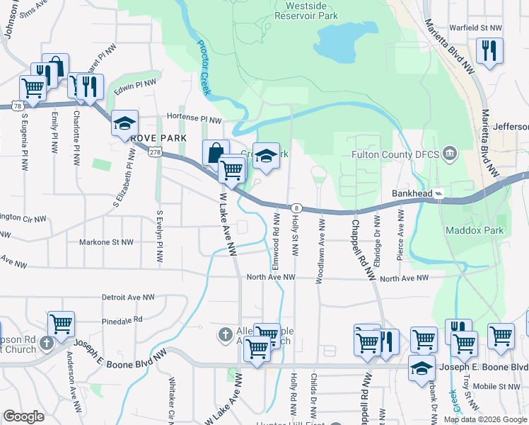 map of restaurants, bars, coffee shops, grocery stores, and more near 1566 Donald Lee Hollowell Parkway Northwest in Atlanta