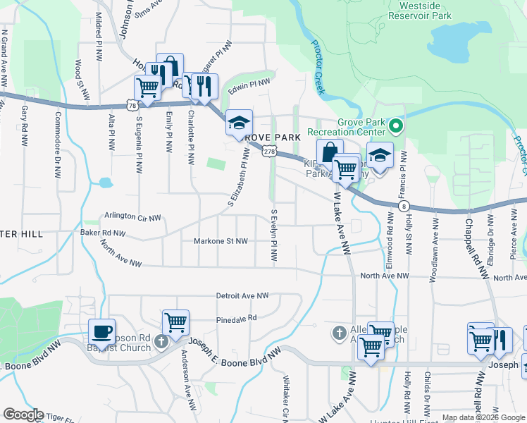 map of restaurants, bars, coffee shops, grocery stores, and more near 1840 Madrona Street Northwest in Atlanta