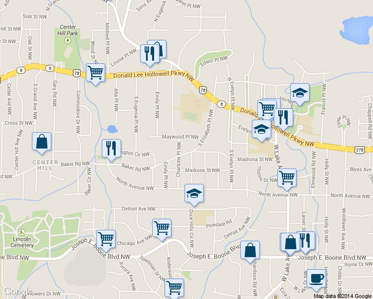 map of restaurants, bars, coffee shops, grocery stores, and more near 1924 Baker Road Northwest in Atlanta