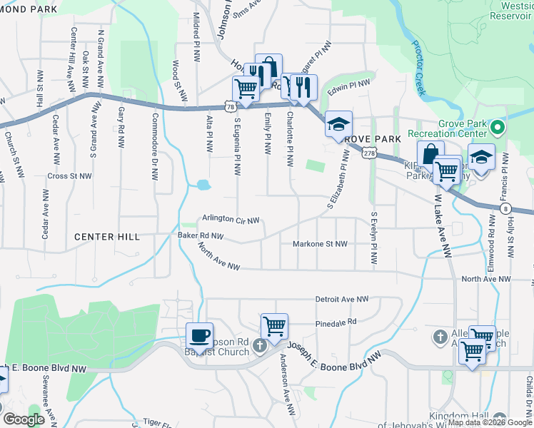 map of restaurants, bars, coffee shops, grocery stores, and more near 2025 Arlington Circle Northwest in Atlanta