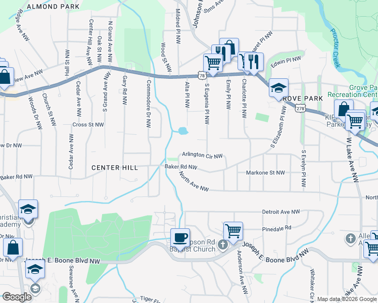 map of restaurants, bars, coffee shops, grocery stores, and more near 2075 Arlington Circle Northwest in Atlanta