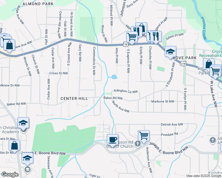 map of restaurants, bars, coffee shops, grocery stores, and more near 2084 Arlington Circle Northwest in Atlanta