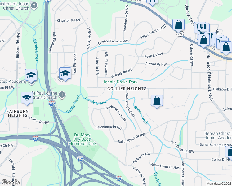 map of restaurants, bars, coffee shops, grocery stores, and more near 560 Waterford Road Northwest in Atlanta