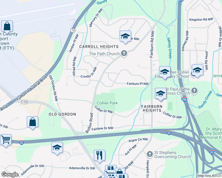 map of restaurants, bars, coffee shops, grocery stores, and more near 3560 Adkins Road Northwest in Atlanta