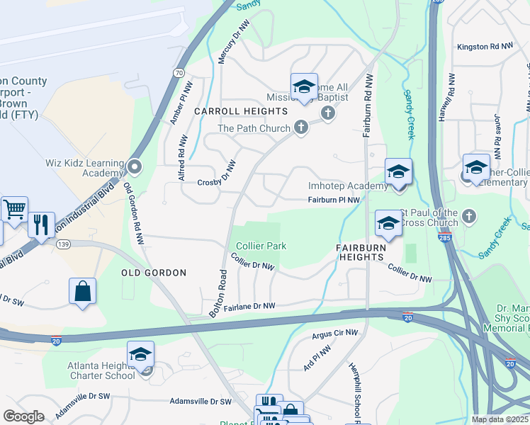 map of restaurants, bars, coffee shops, grocery stores, and more near 3572 Adkins Road Northwest in Atlanta