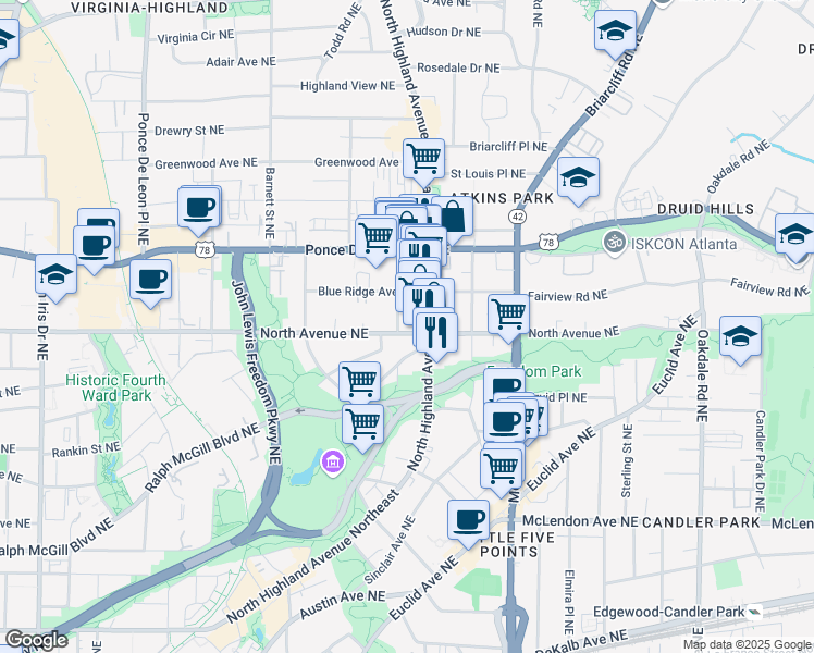map of restaurants, bars, coffee shops, grocery stores, and more near 1042 North Avenue Northeast in Atlanta