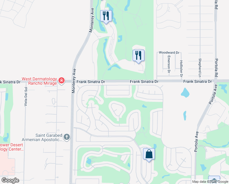 map of restaurants, bars, coffee shops, grocery stores, and more near 73335 Haystack Mountain Drive in Palm Desert