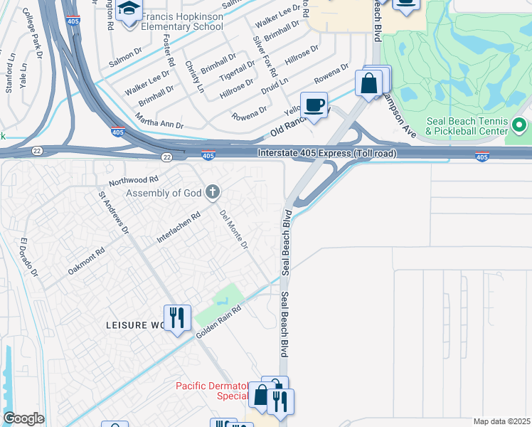 map of restaurants, bars, coffee shops, grocery stores, and more near 1891 McKinney Way in Seal Beach