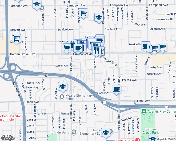 map of restaurants, bars, coffee shops, grocery stores, and more near 8682 Cortez Avenue in Garden Grove