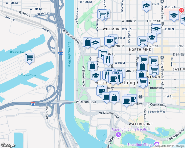 map of restaurants, bars, coffee shops, grocery stores, and more near 215 West 4th Street in Long Beach