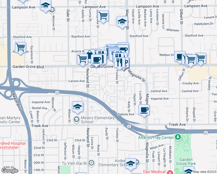 map of restaurants, bars, coffee shops, grocery stores, and more near 8682 Cortez Avenue in Garden Grove