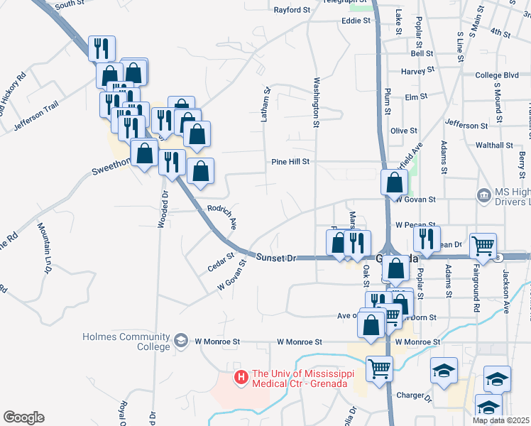 map of restaurants, bars, coffee shops, grocery stores, and more near 966 West Govan Street in Grenada