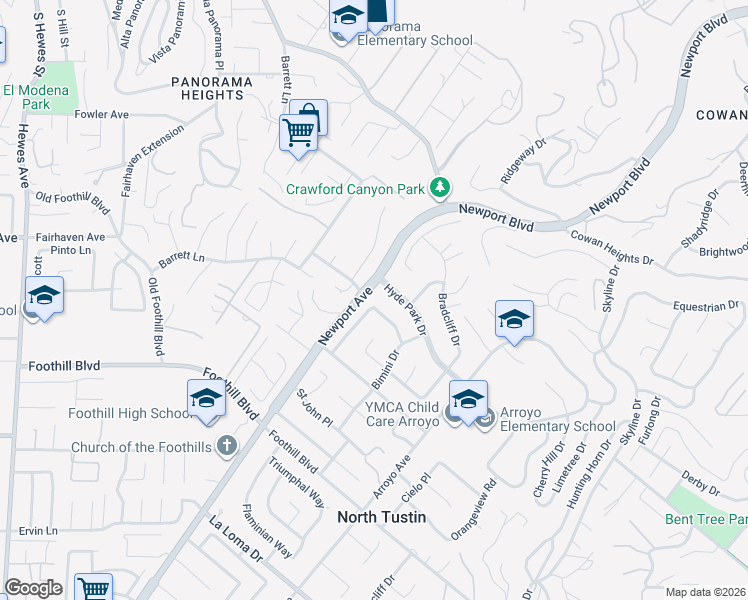map of restaurants, bars, coffee shops, grocery stores, and more near 1021 Dorsetshire Lane in Santa Ana