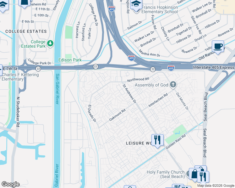 map of restaurants, bars, coffee shops, grocery stores, and more near 1320 Kenwood Road in Seal Beach