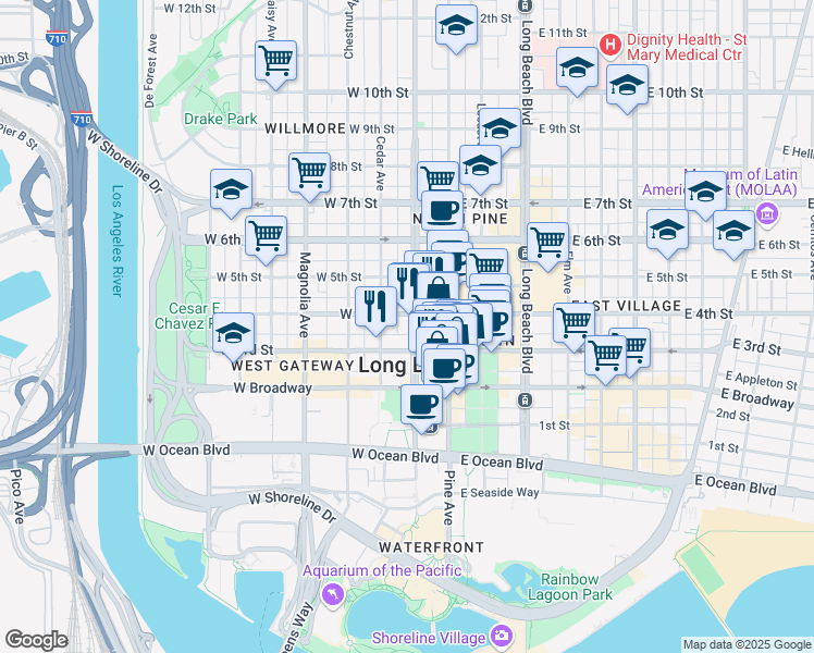 map of restaurants, bars, coffee shops, grocery stores, and more near 270 West 3rd Street in Long Beach