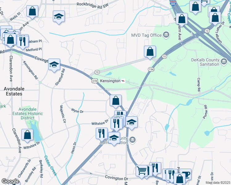 map of restaurants, bars, coffee shops, grocery stores, and more near 3345 Kensington Road in Decatur