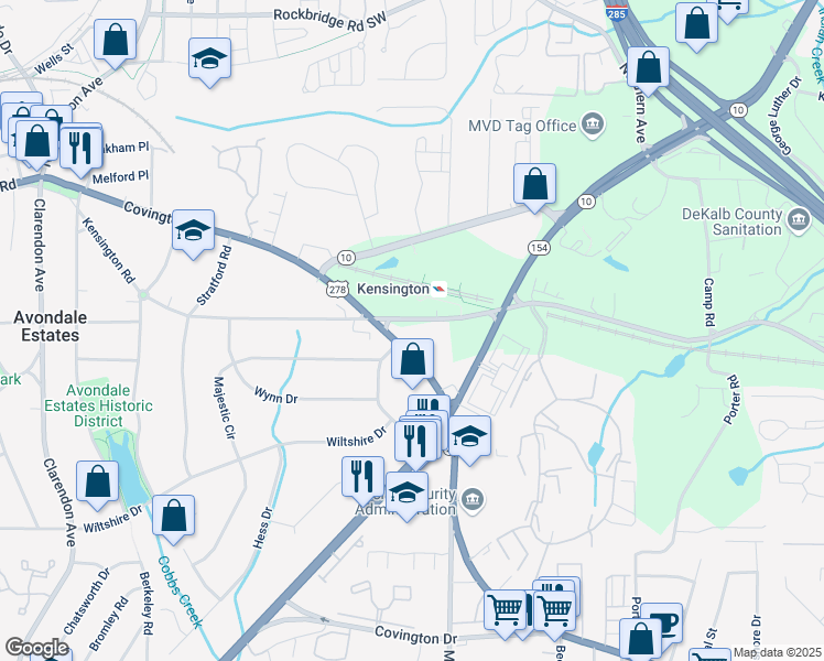 map of restaurants, bars, coffee shops, grocery stores, and more near 3345 Kensington Road in Decatur