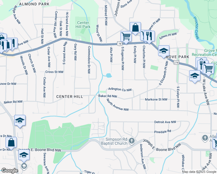 map of restaurants, bars, coffee shops, grocery stores, and more near 2095 Arlington Circle Northwest in Atlanta