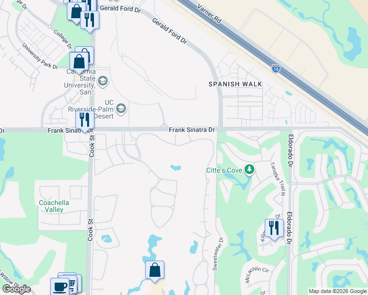 map of restaurants, bars, coffee shops, grocery stores, and more near 457 Desert Falls Drive East in Palm Desert