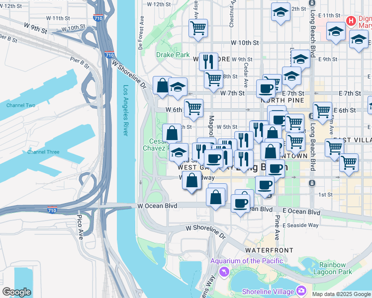 map of restaurants, bars, coffee shops, grocery stores, and more near 316 North Nylic Court in Long Beach