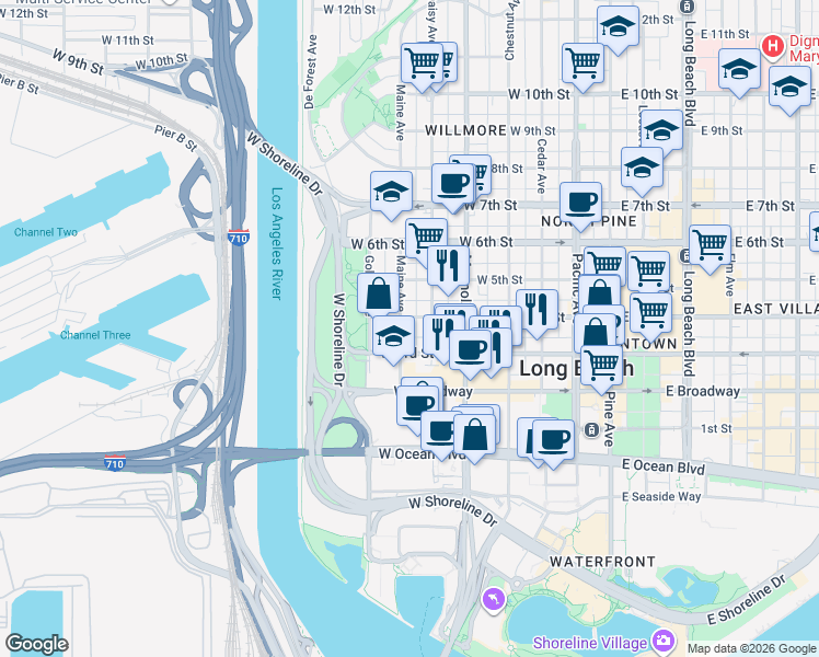 map of restaurants, bars, coffee shops, grocery stores, and more near 640 W West 4th Street in Long Beach
