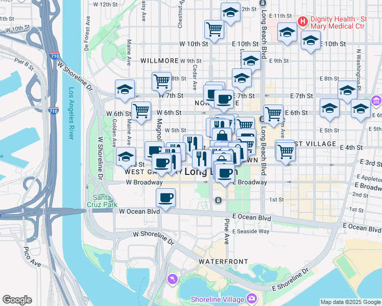 map of restaurants, bars, coffee shops, grocery stores, and more near 335 Cedar Avenue in Long Beach