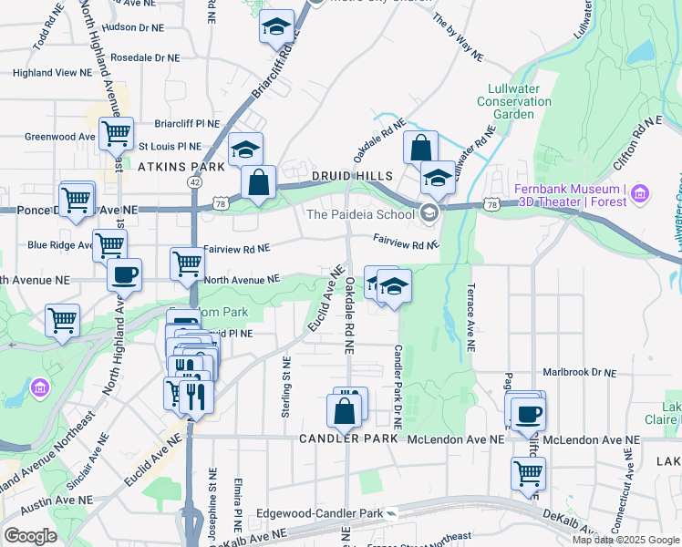 map of restaurants, bars, coffee shops, grocery stores, and more near 1409 Euclid Avenue Northeast in Atlanta