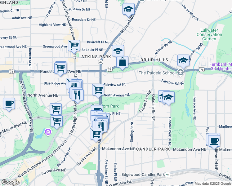 map of restaurants, bars, coffee shops, grocery stores, and more near 1238 North Avenue Northeast in Atlanta