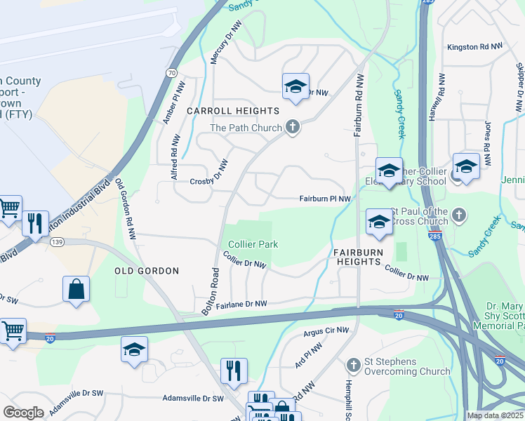 map of restaurants, bars, coffee shops, grocery stores, and more near 3560 Adkins Road Northwest in Atlanta