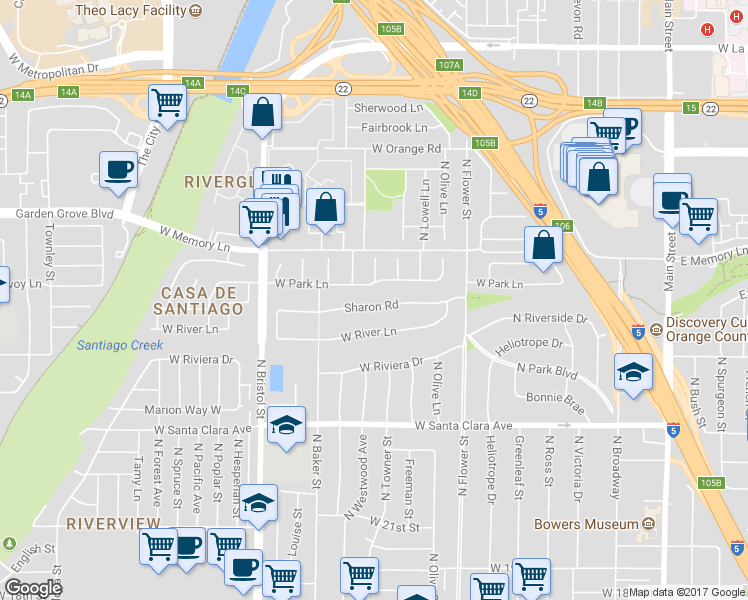 map of restaurants, bars, coffee shops, grocery stores, and more near 1101 Sharon Road in Santa Ana