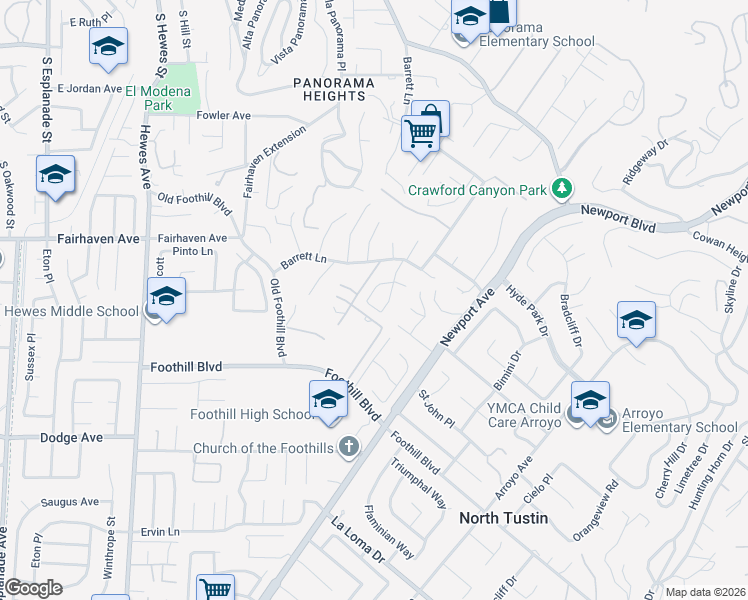 map of restaurants, bars, coffee shops, grocery stores, and more near 13132 Barrett Hill in Santa Ana