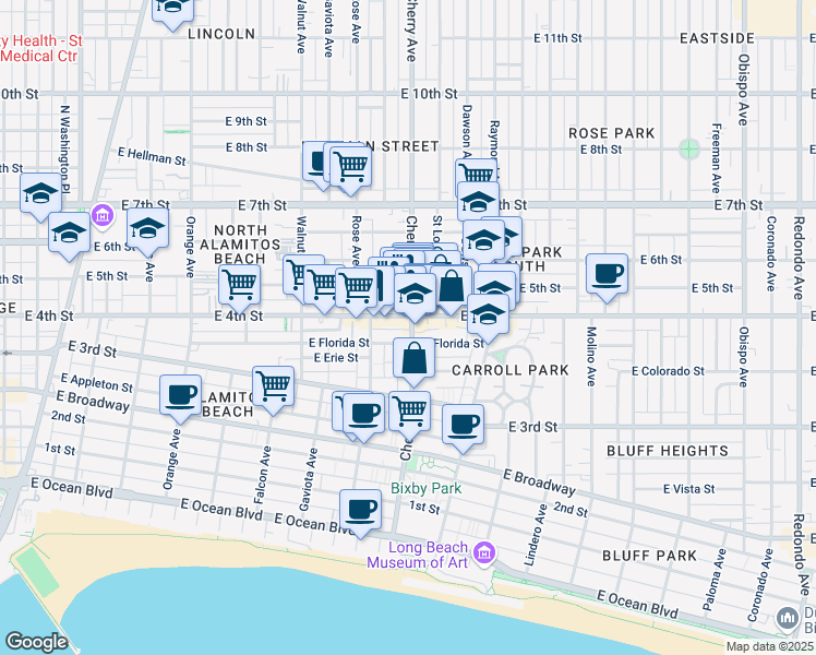 map of restaurants, bars, coffee shops, grocery stores, and more near in Long Beach