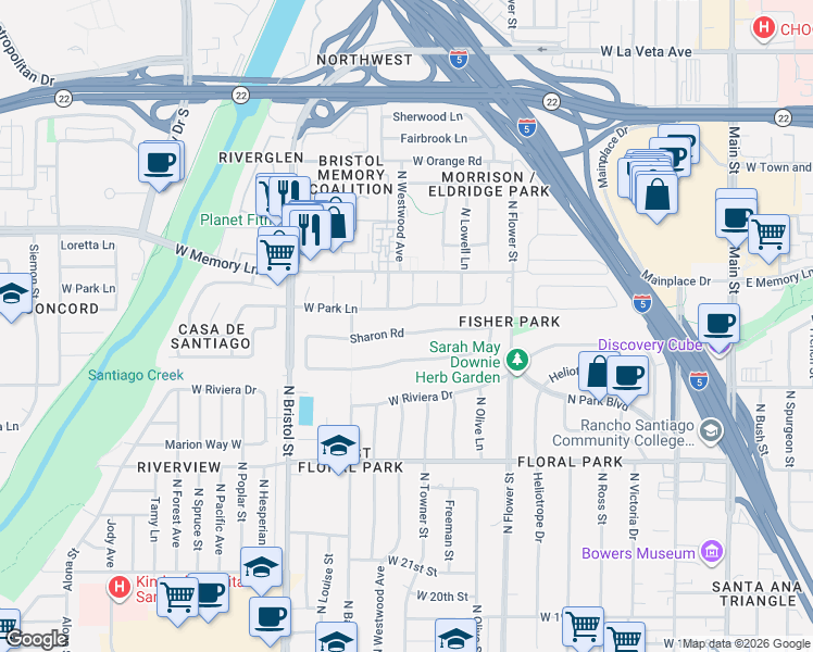 map of restaurants, bars, coffee shops, grocery stores, and more near 1107 Sharon Road in Santa Ana
