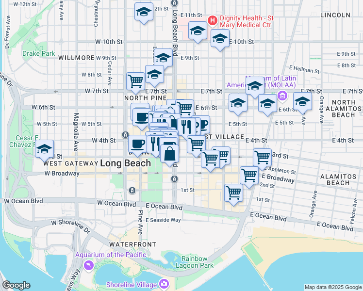 map of restaurants, bars, coffee shops, grocery stores, and more near 300 East 4th Street in Long Beach