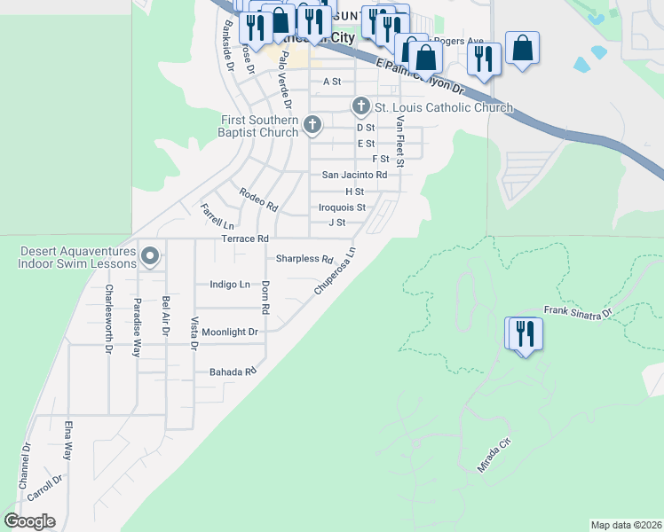 map of restaurants, bars, coffee shops, grocery stores, and more near 38201 Chuperosa Lane in Cathedral City