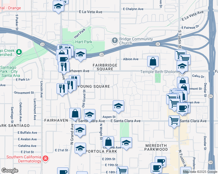 map of restaurants, bars, coffee shops, grocery stores, and more near 2509 View Lake in Santa Ana